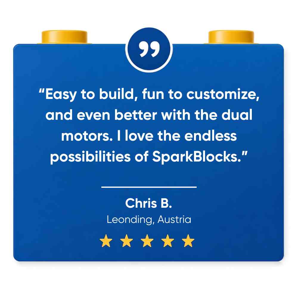 A 5 star review for SparkBlocks, written on a blue block with text and gold studs on a white background.