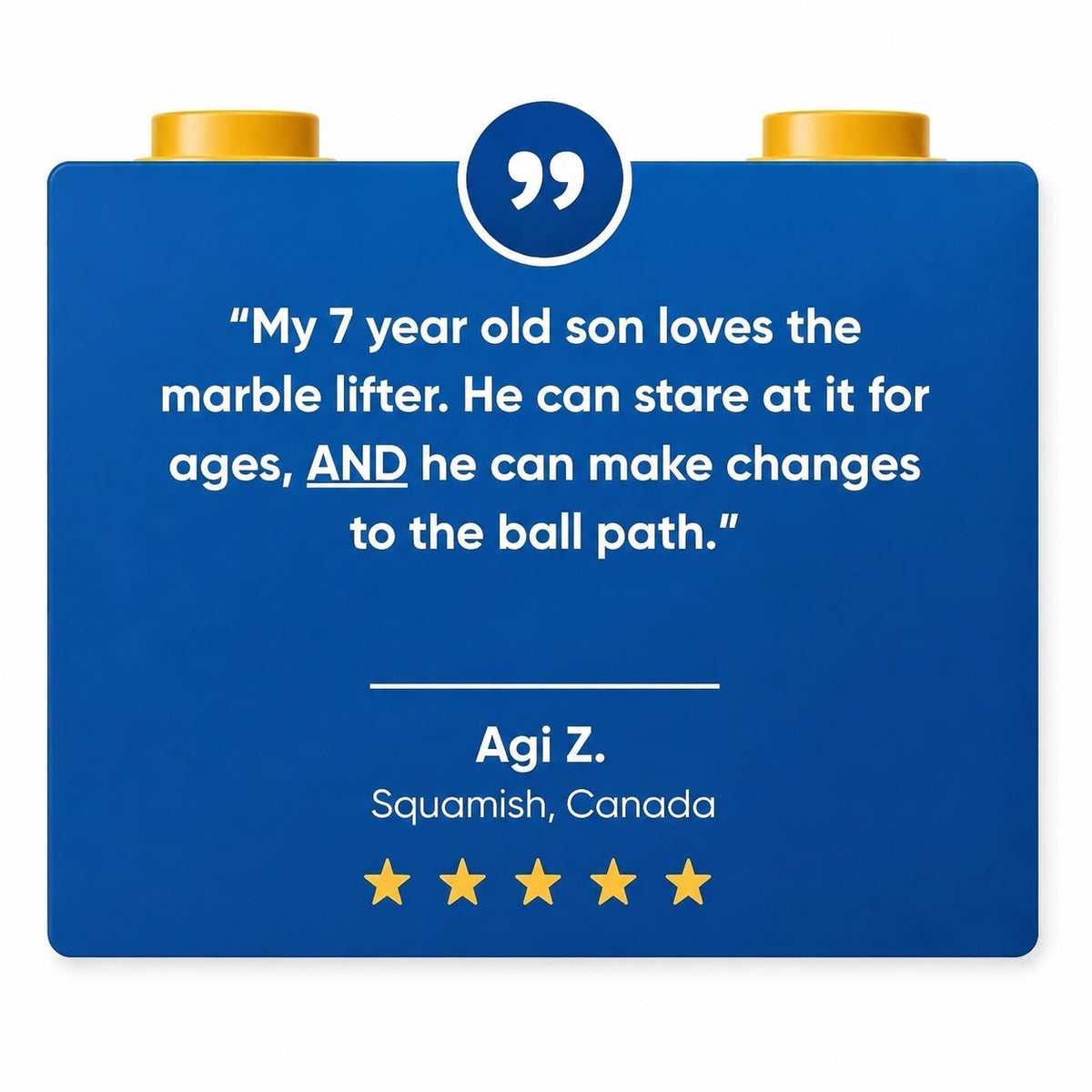 A 5 star review for SparkBlocks, written on a blue block with text and gold studs on a white background.