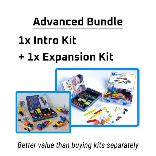 The advanced bundle featuring the Intro Kit and Expansion Kit with manuals on a white background, offering an educational building kit for screen-free learning and a homeschool science kit.