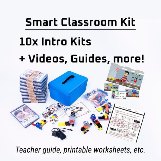 A smart classroom kit including a classroom circuit kit and electronic building blocks with instructional accessories for screen-free learning.