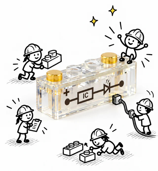 A SparkBlocks component surrounded by playful drawings of young builders