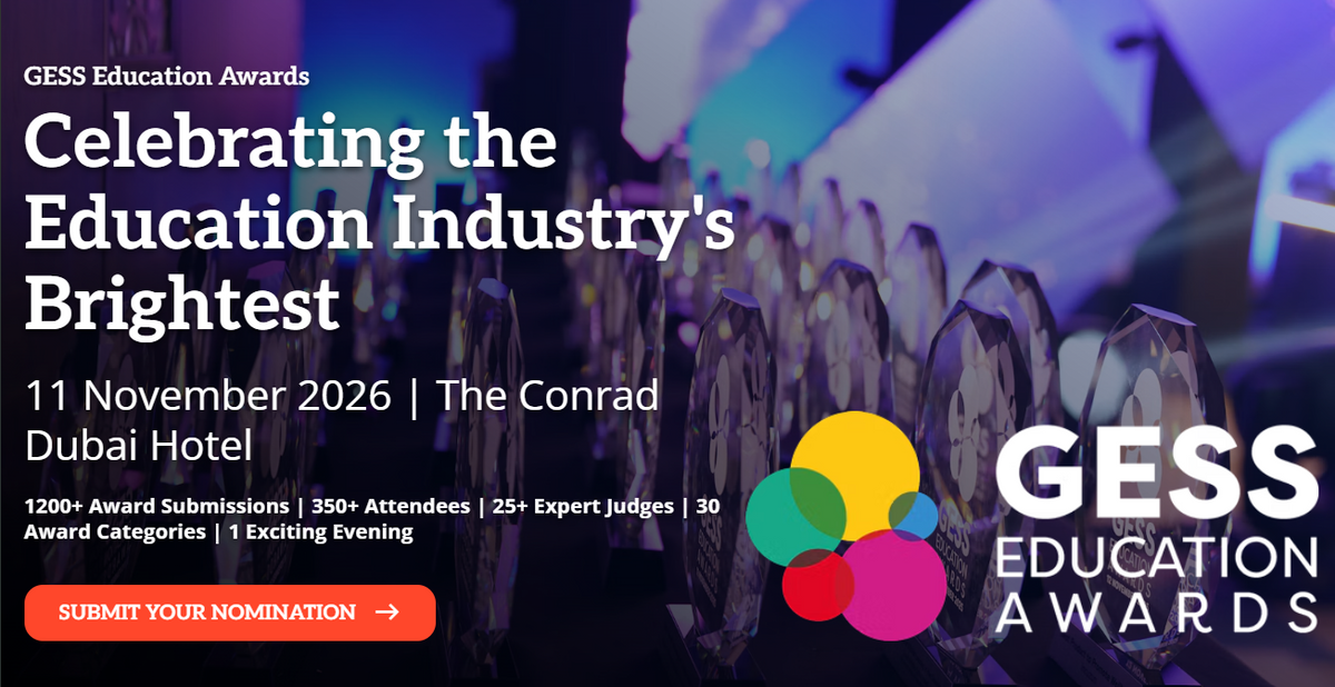 GESS Education Awards announcement: November 11, 2026, at the Conrad Dubai Hotel, with awards trophies and the GESS logo.