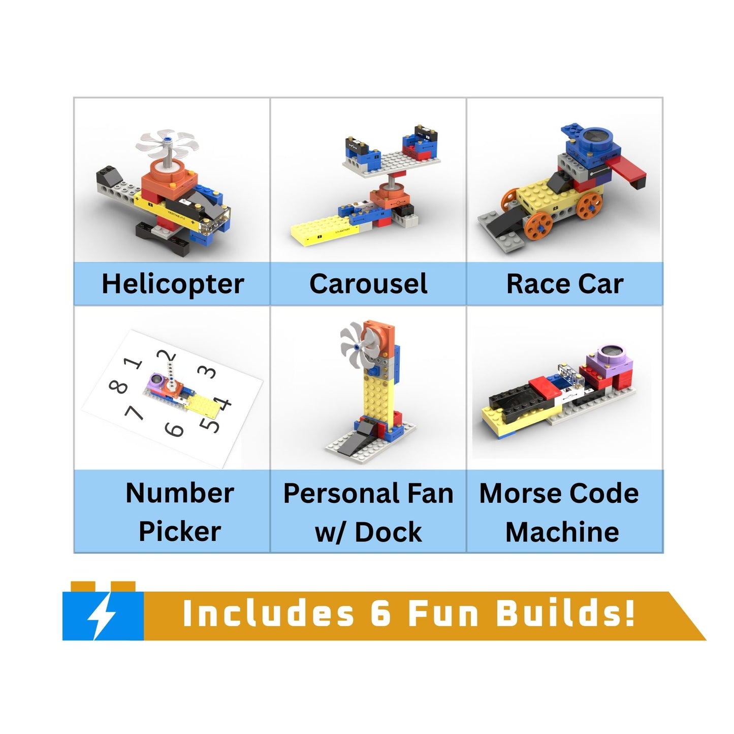 Set of toy building blocks with various models including helicopter, carousel, race car, number picker, personal fan, and Morse code machine on a white background.