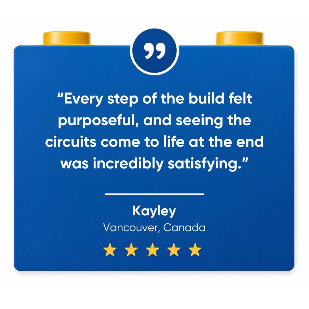 A 5 star review for SparkBlocks, written on a blue block with text and gold studs on a white background.