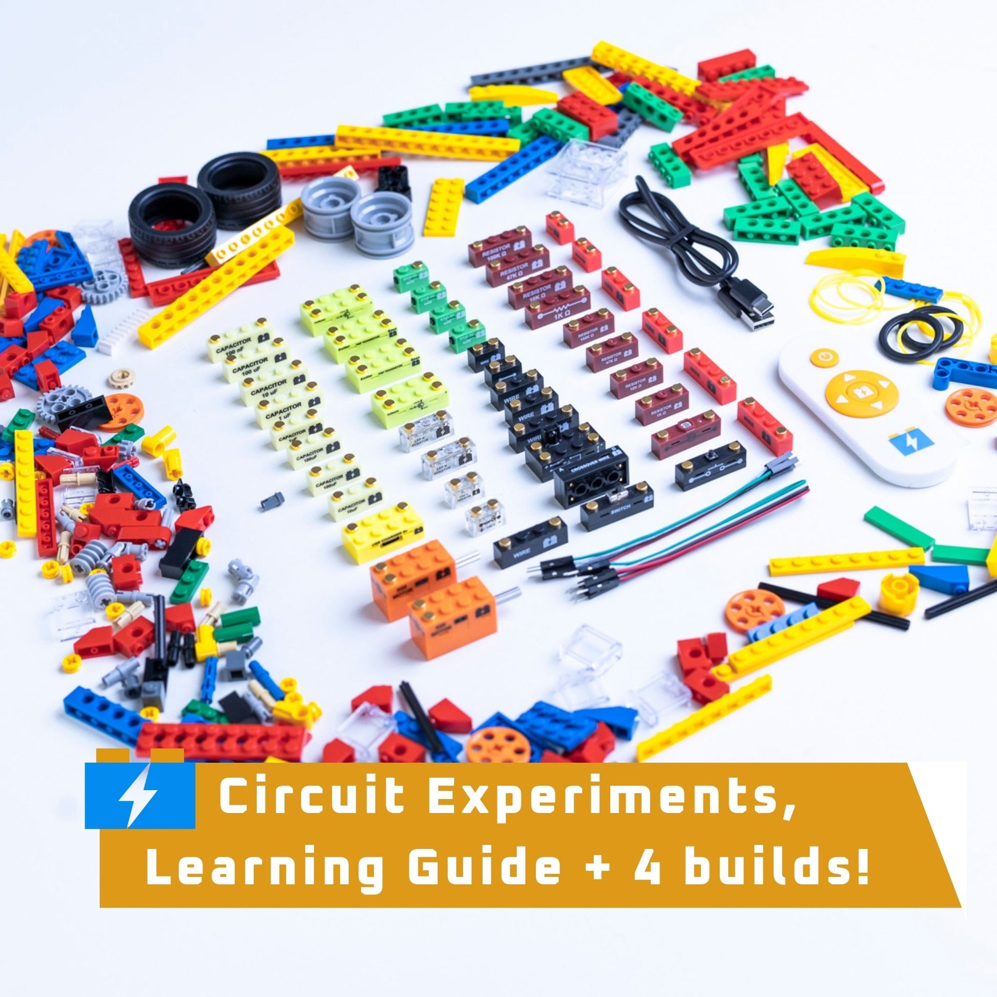 SparkBlocks Expansion Kit parts on a white background with text about circuit experiments and learning guide.