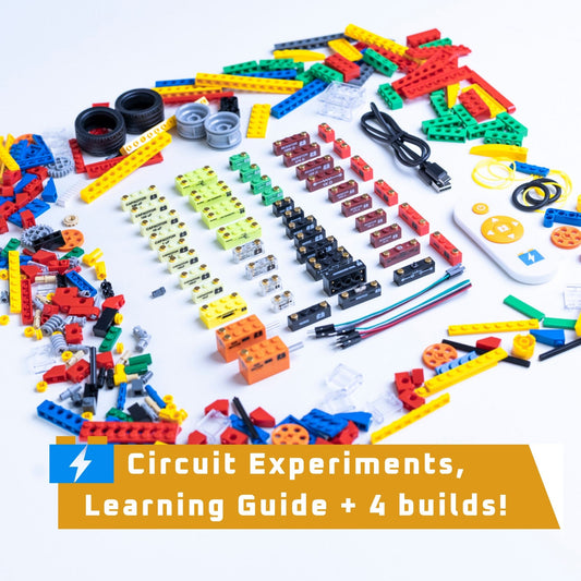 SparkBlocks Expansion Kit parts on a white background with text about circuit experiments and learning guide.