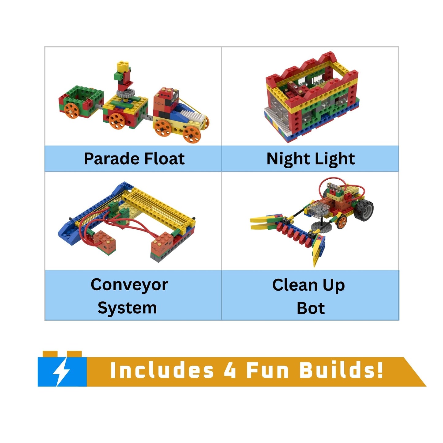 The four whimsical builds that are included with SparkBlocks Expansion Kit: 'Parade Float', 'Night Light', 'Conveyor System', and 'Clean Up Bot' on a white background.