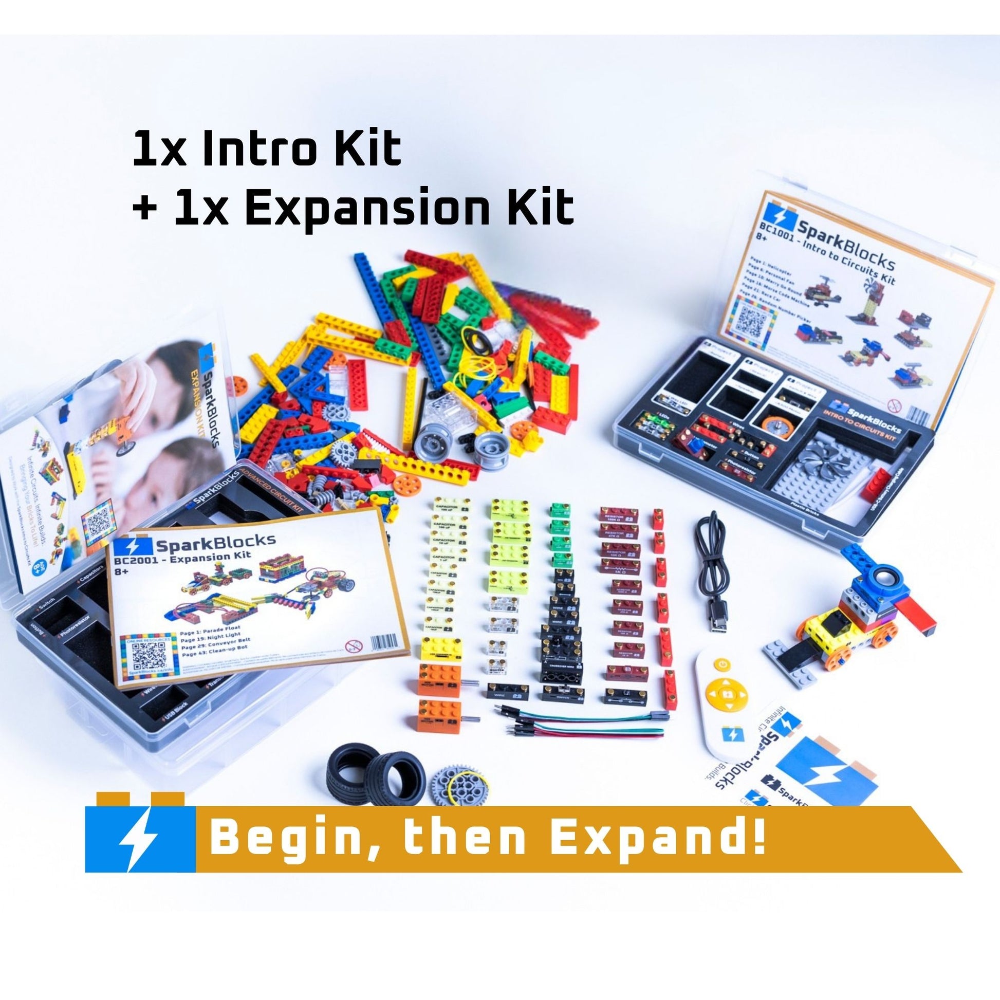 SparkBlocks Advanced Set is a STEM education kit that includes one Intro to Circuits Kit and one Expansion Kit, with learning guides and parts shown on a white background