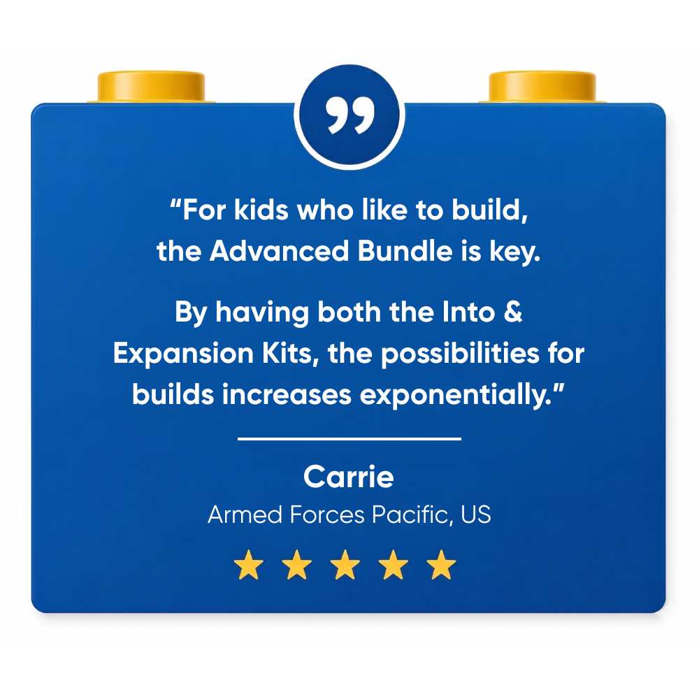 A 5 star review for SparkBlocks, written on a blue block with text and gold studs on a white background.