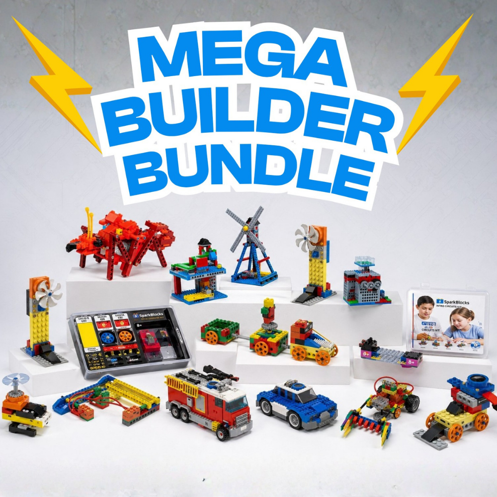 A toy building block bundle displayed on white risers against a light gray background, with large blue text reading 'MEGA BUILDER BUNDLE' and yellow lightning graphics. The set includes multiple colorful construction vehicles, structures, and tools such as a tablet-like control panel, wind mills, a crane, and small model cars.