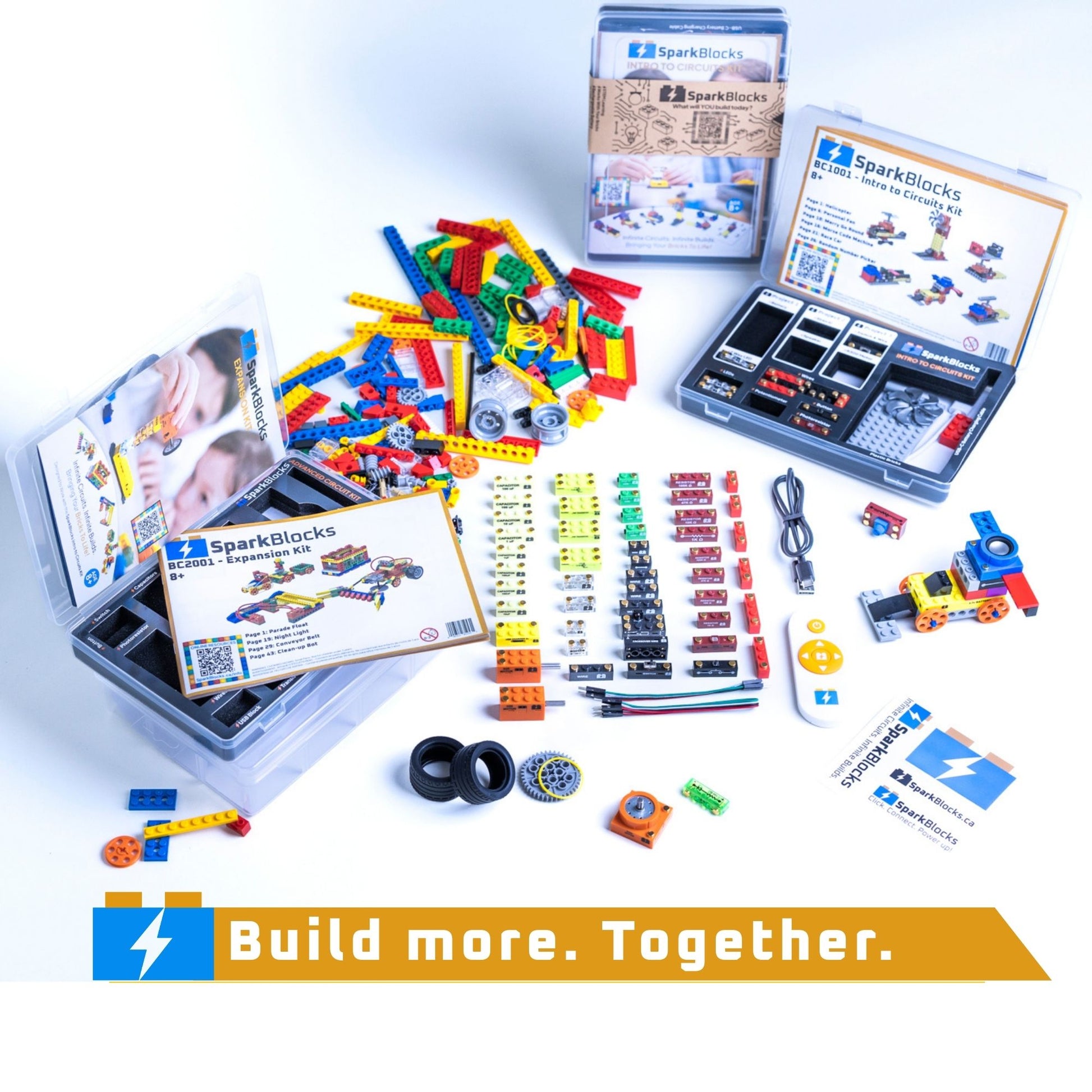 Educational LEGO-compatible building block set to build functional circuits with accessories and packaging on a white background