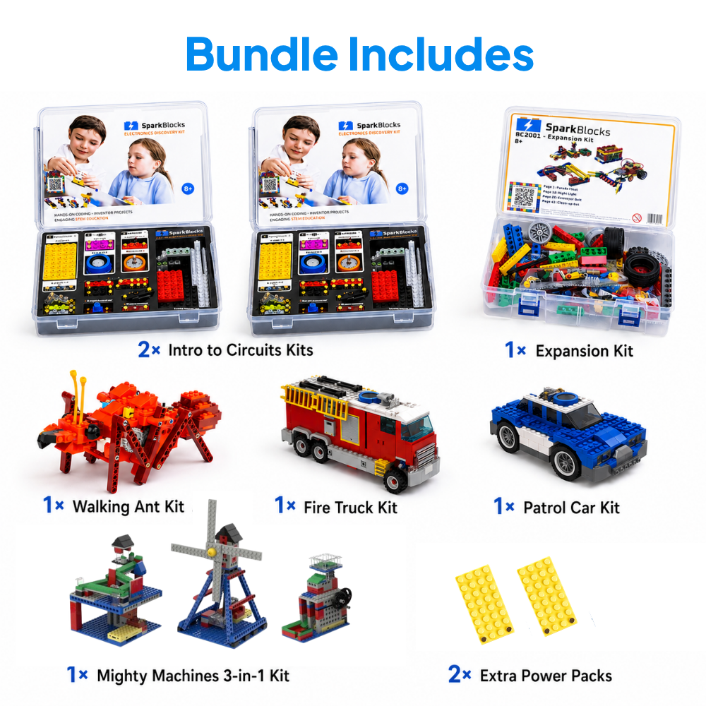A product bundle display for SparkBlocks building blocks, showing multiple kit packages and assembled toy vehicles on a white background with text labels describing each included item.