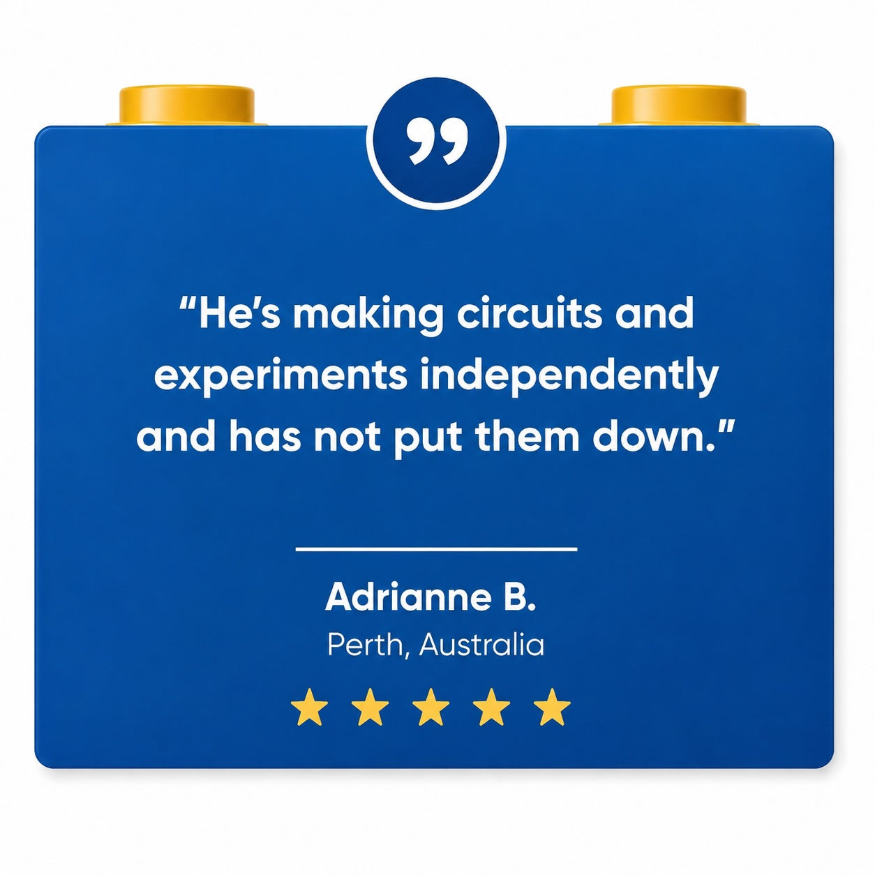 A 5 star review for SparkBlocks, written on a blue block with text and gold studs on a white background.