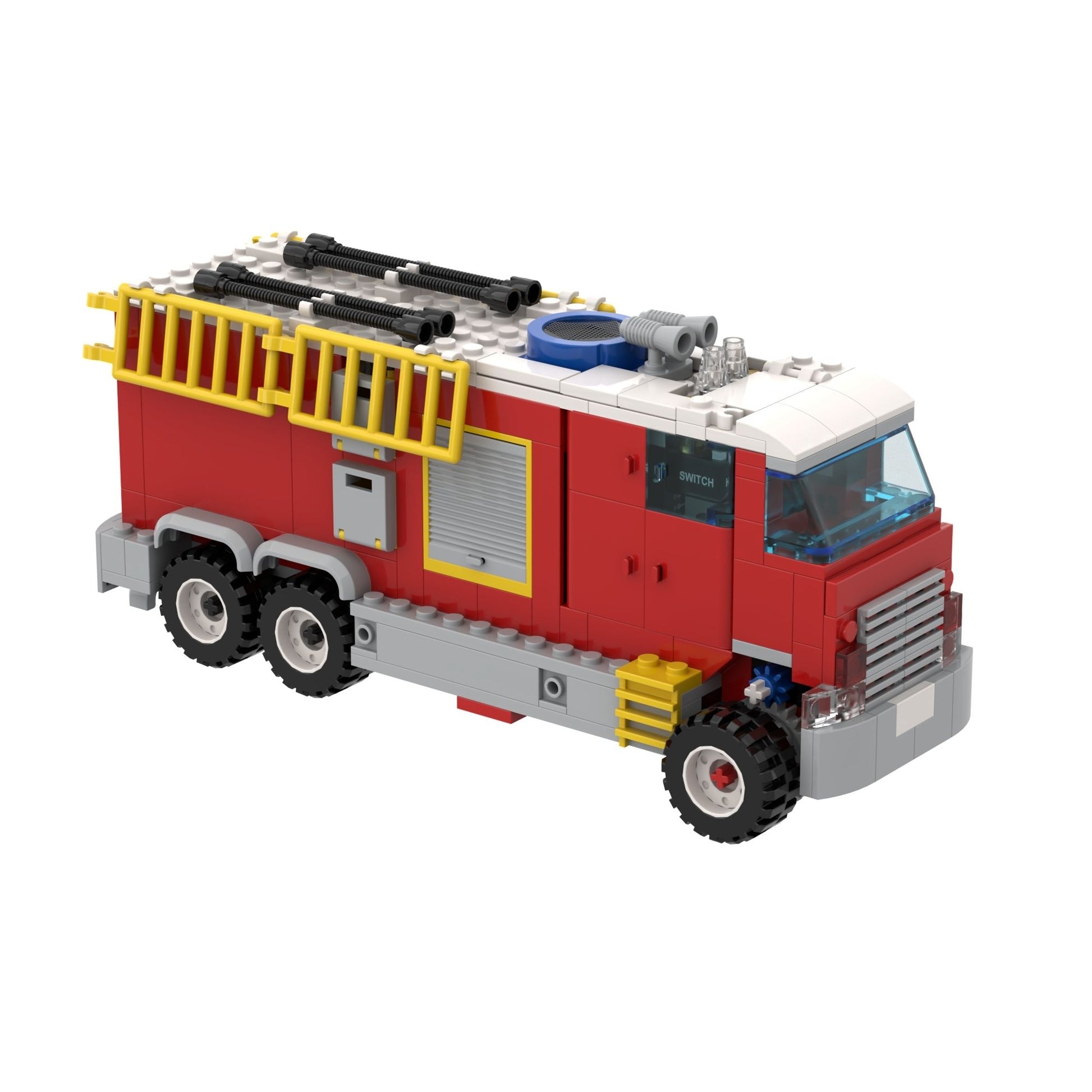 Toy fire truck model with functional electronic circuits made of interlocking bricks on a white background