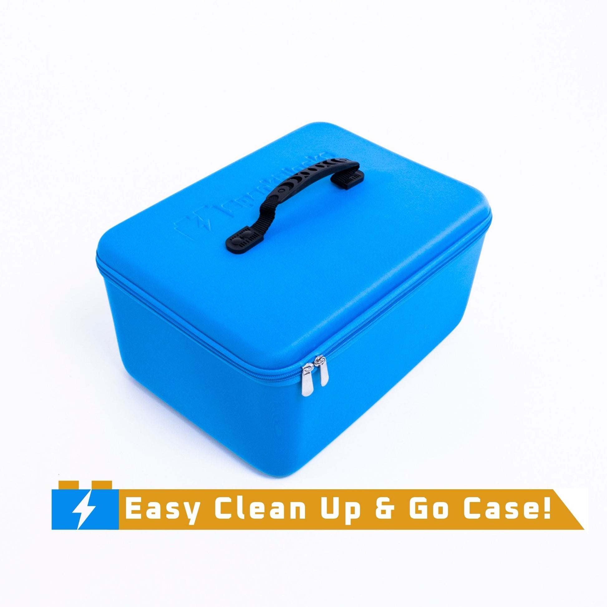 Blue SparkBlocks case with a black handle on a white background, featuring text 'Easy Clean Up & Go Case!'.
