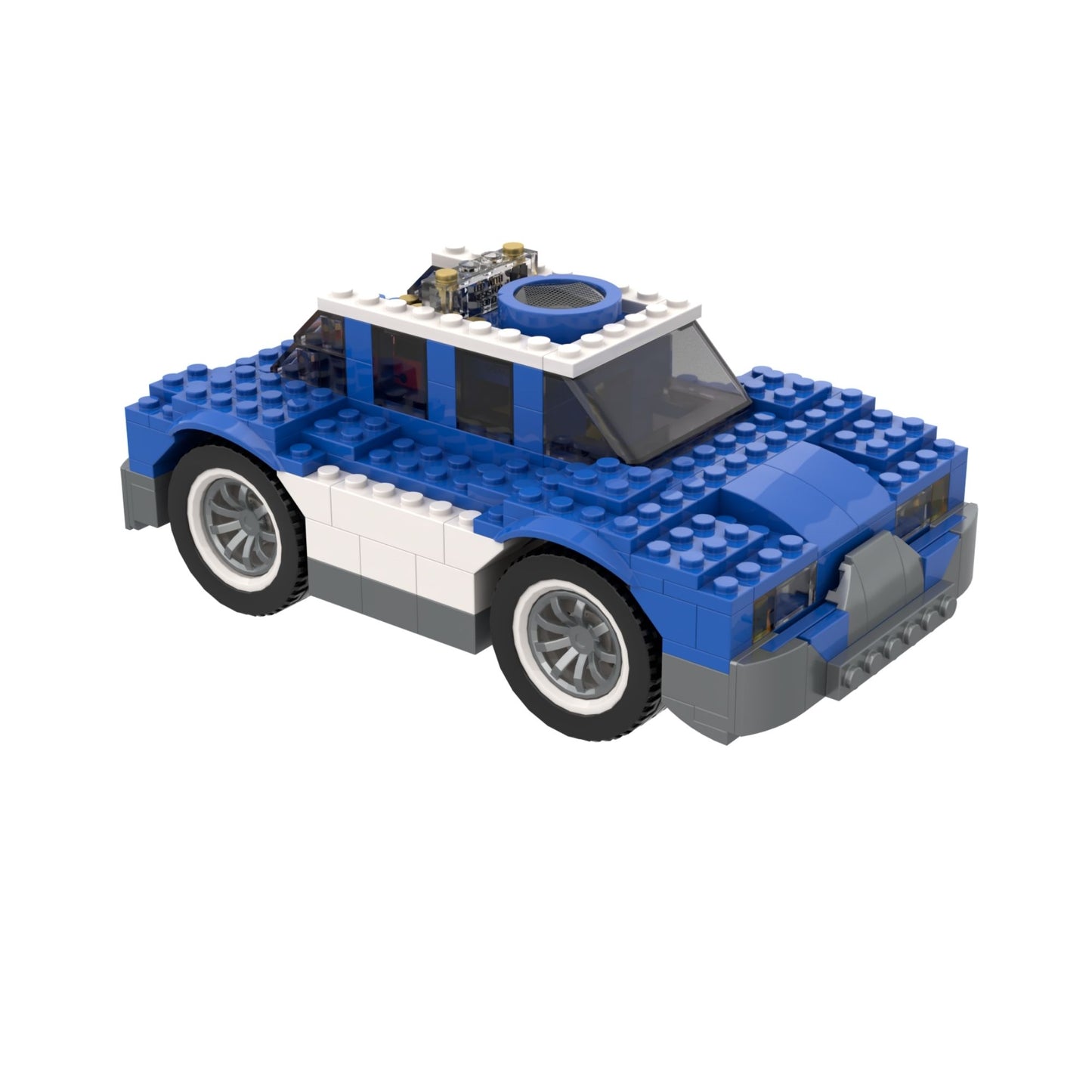 Blue and white and grey toy patrol car made of interlocking bricks with functioning electronic circuits on a white background