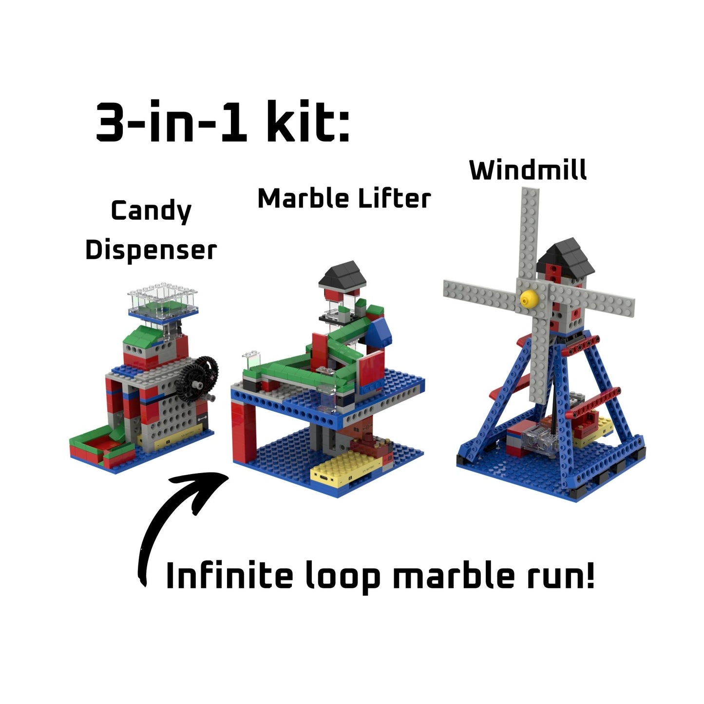 3-in-1 building kit with candy dispenser, infinite loop marble lifter, and windmill on a white background.
