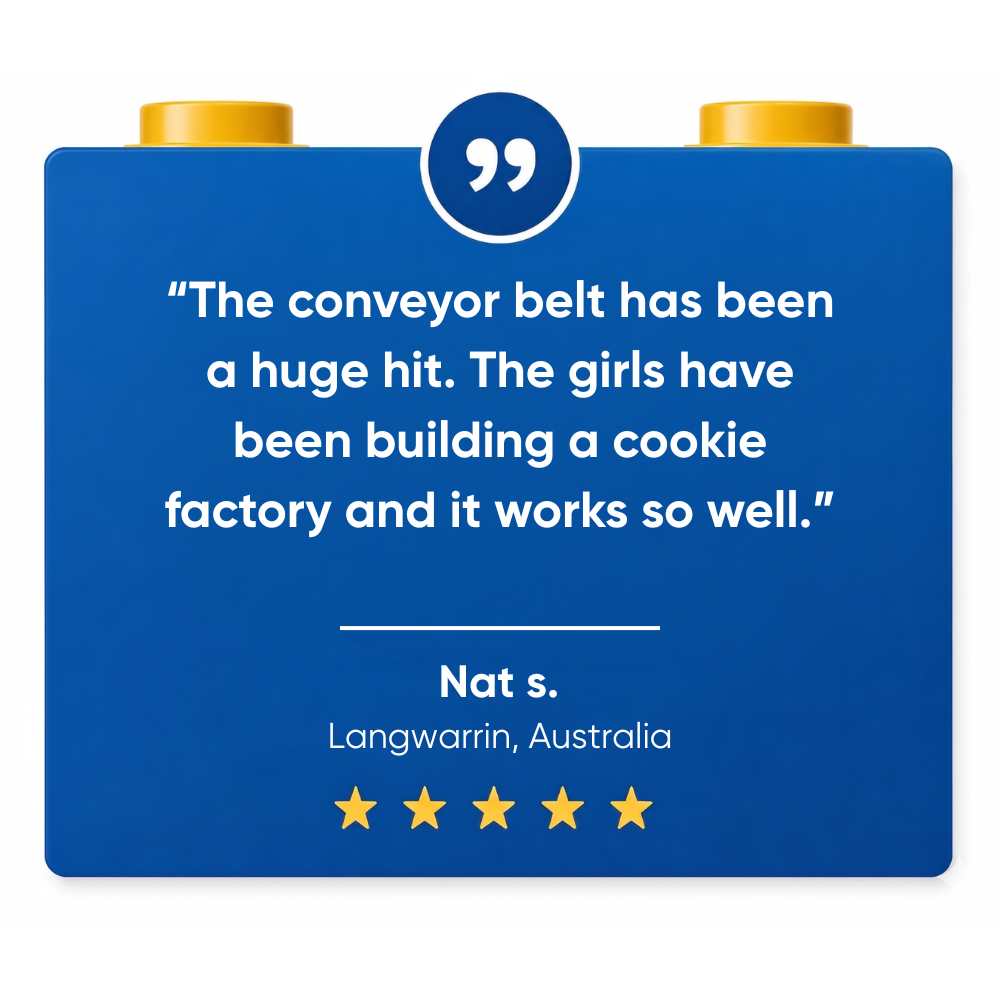 A 5 star review for SparkBlocks, written on a blue block with text and gold studs on a white background.