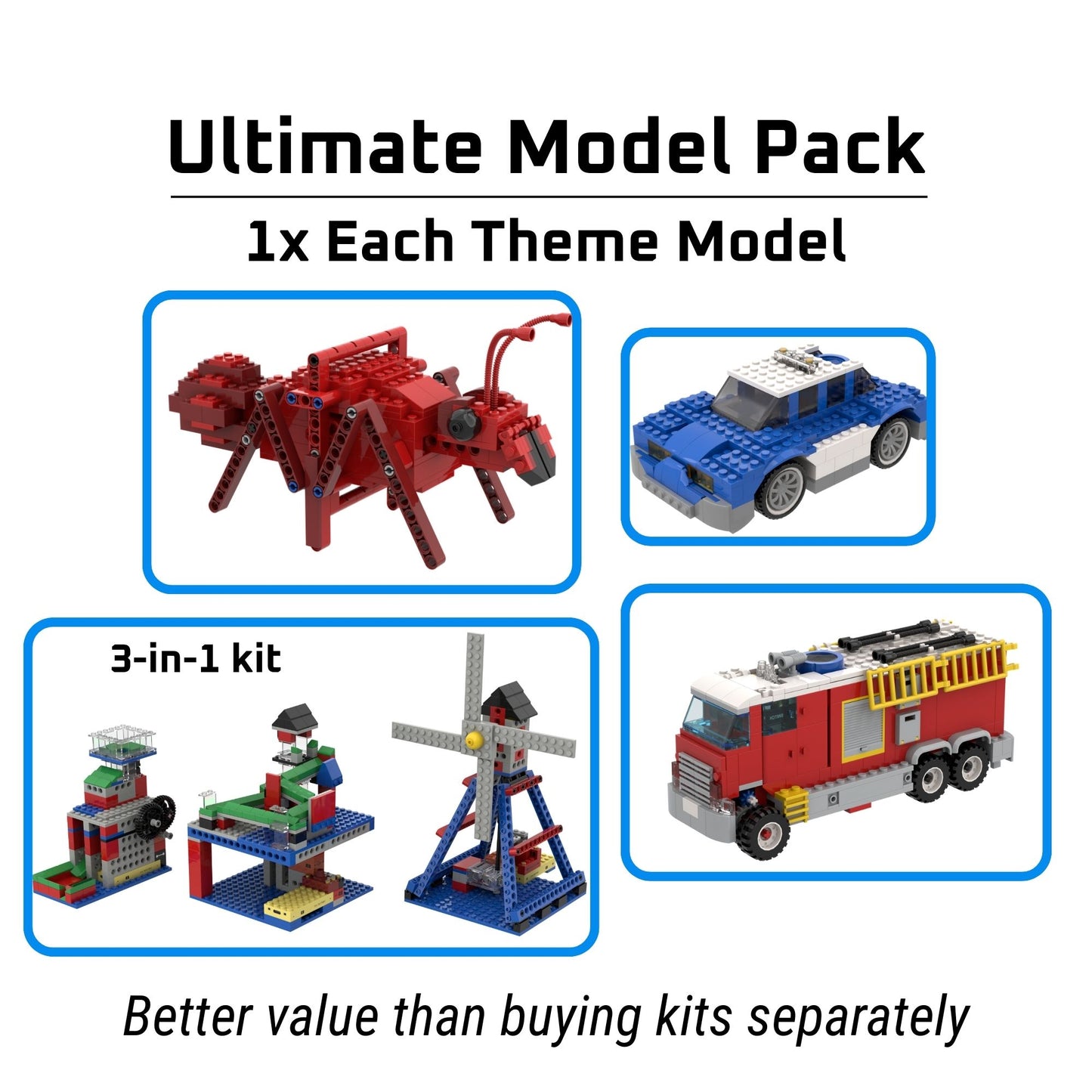 SparkBlocks theme model pack with various models including a red and blue vehicle, a 3-in-1 kit, and a fire truck, on a white background.