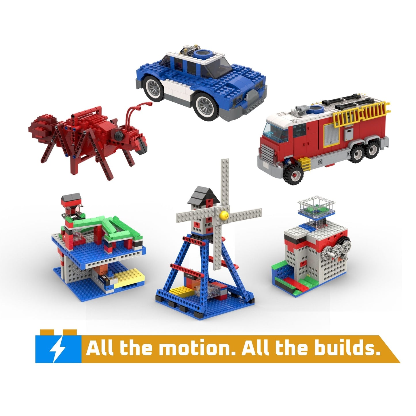 Collection of toy building sets including a truck, car, insect, and various structures on a white background.
