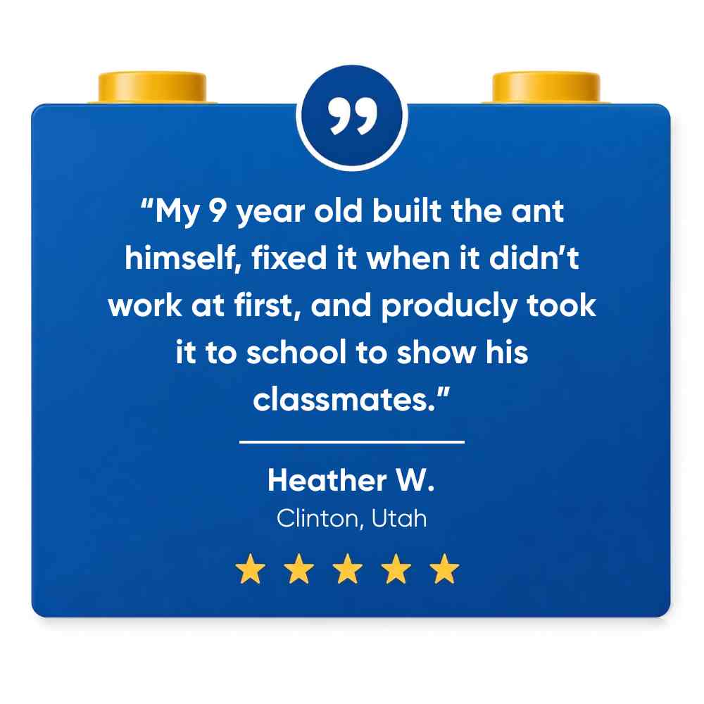 A 5 star review for SparkBlocks, written on a blue block with text and gold studs on a white background.