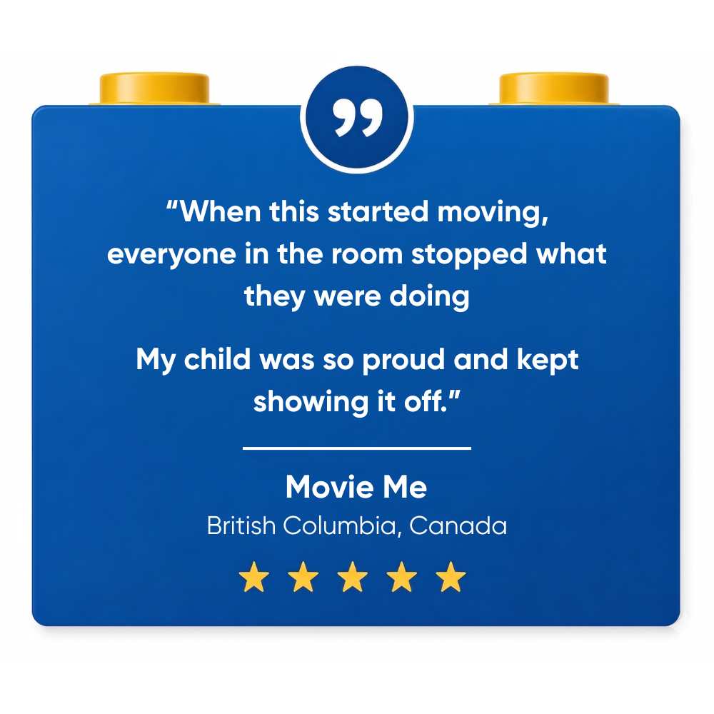 A 5 star review for SparkBlocks, written on a blue block with text and gold studs on a white background.