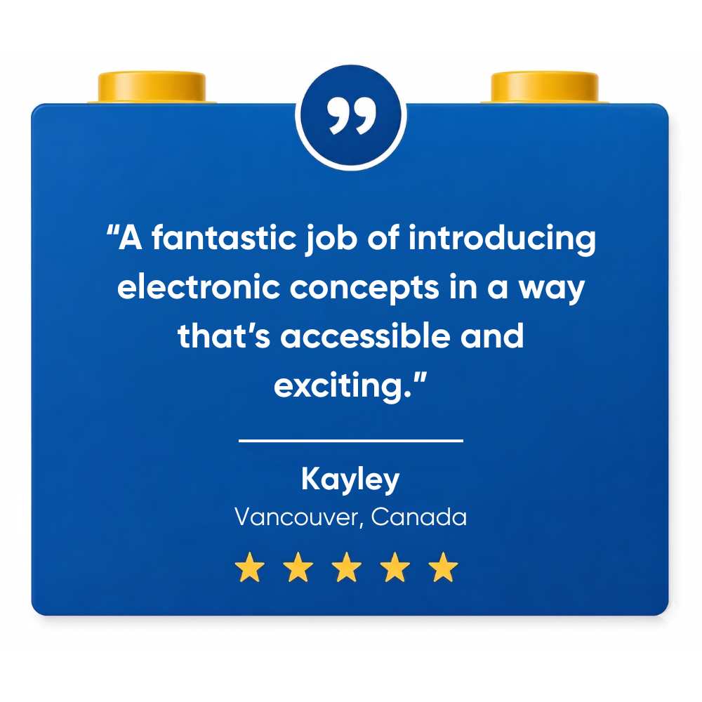 A 5 star review for SparkBlocks, written on a blue block with text and gold studs on a white background.