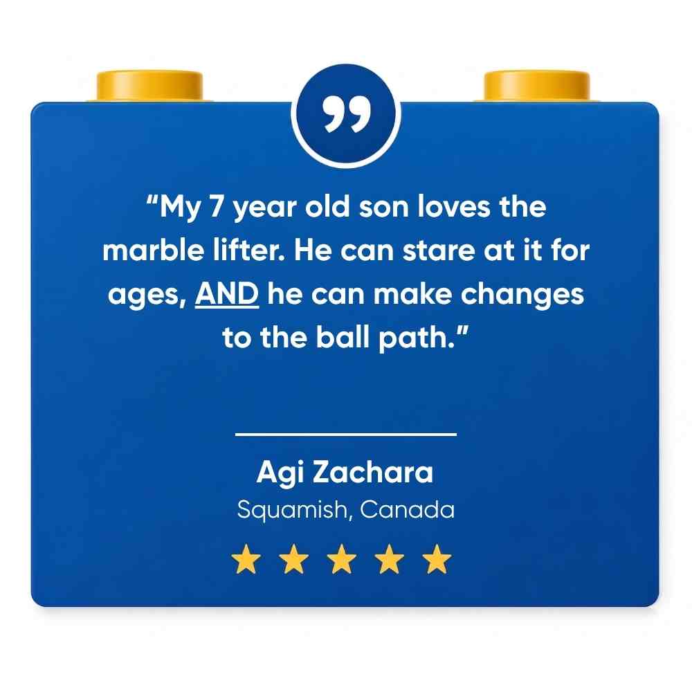 A 5 star review for SparkBlocks, written on a blue block with text and gold studs on a white background.