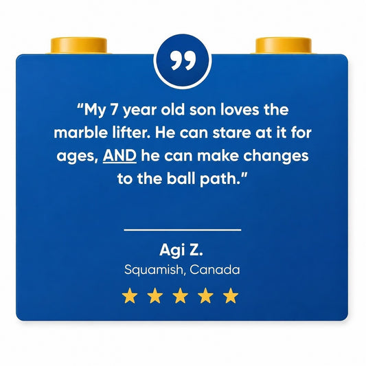 A 5 star review for SparkBlocks, written on a blue block with text and gold studs on a white background.