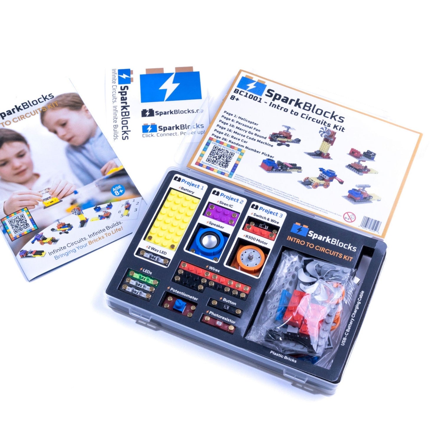 SparkBlocks Intro to Circuits Kit with packaging and manuals on a white background