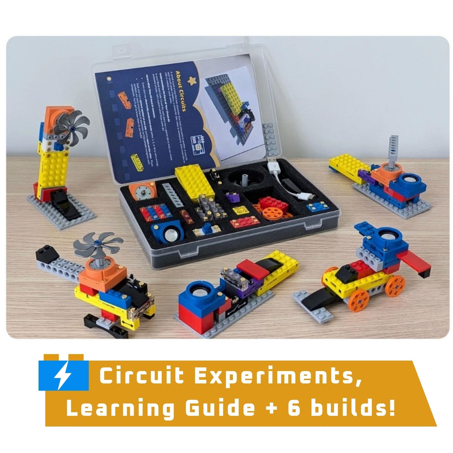 Educational STEM kit with building blocks, components, and a learning guide  - shows the included 6 whisical builds