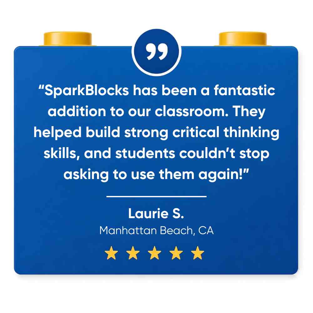 A 5 star review for SparkBlocks, written on a blue block with text and gold studs on a white background.