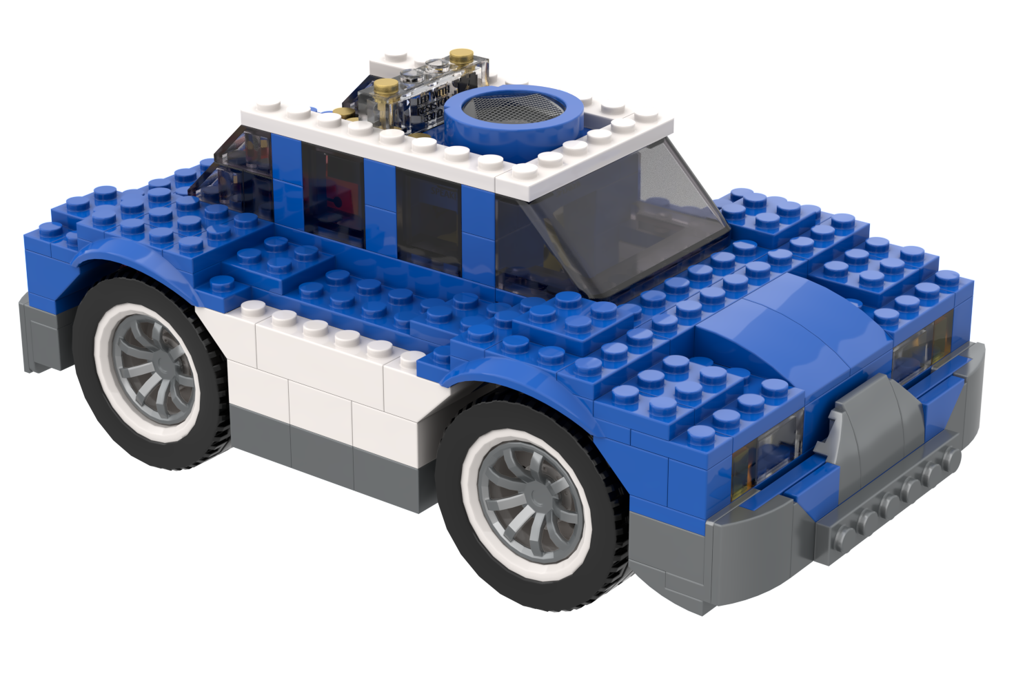 White and blue toy car made of interlocking bricks on a white background
