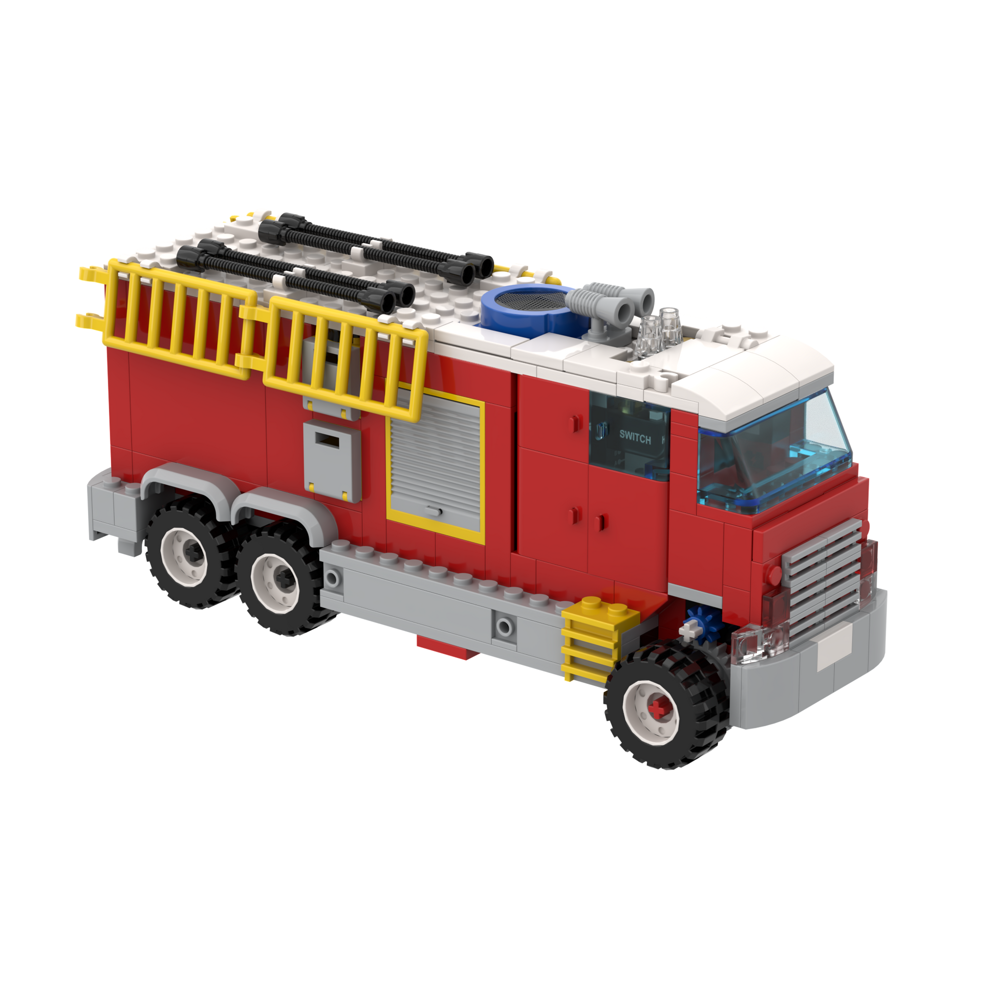 Red toy fire truck with functioning circuits made of interlocking bricks on a white background