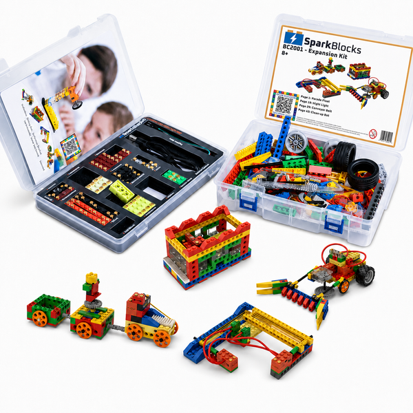 SparkBlocks RC2001 expansion kit for building blocks, shown with its clear storage case containing various colorful toy parts, a second open case displaying the contents, and several assembled toy vehicles and structures on a white background.