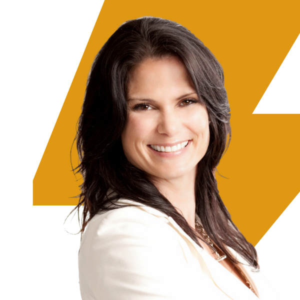 A smiling woman with long dark hair wearing a white top, set against a graphic background with a large mustard yellow shape and a white triangle.
