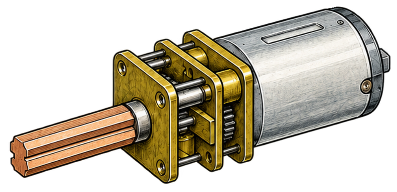 Motor, gearbox and output axle