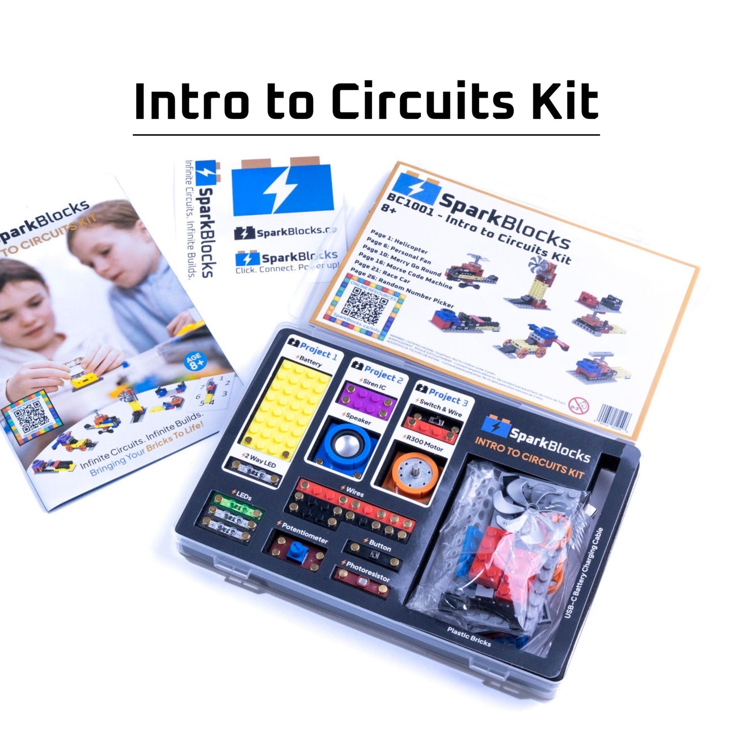 SparkBlocks Intro to Circuits Kit with packaging and manuals on a white background