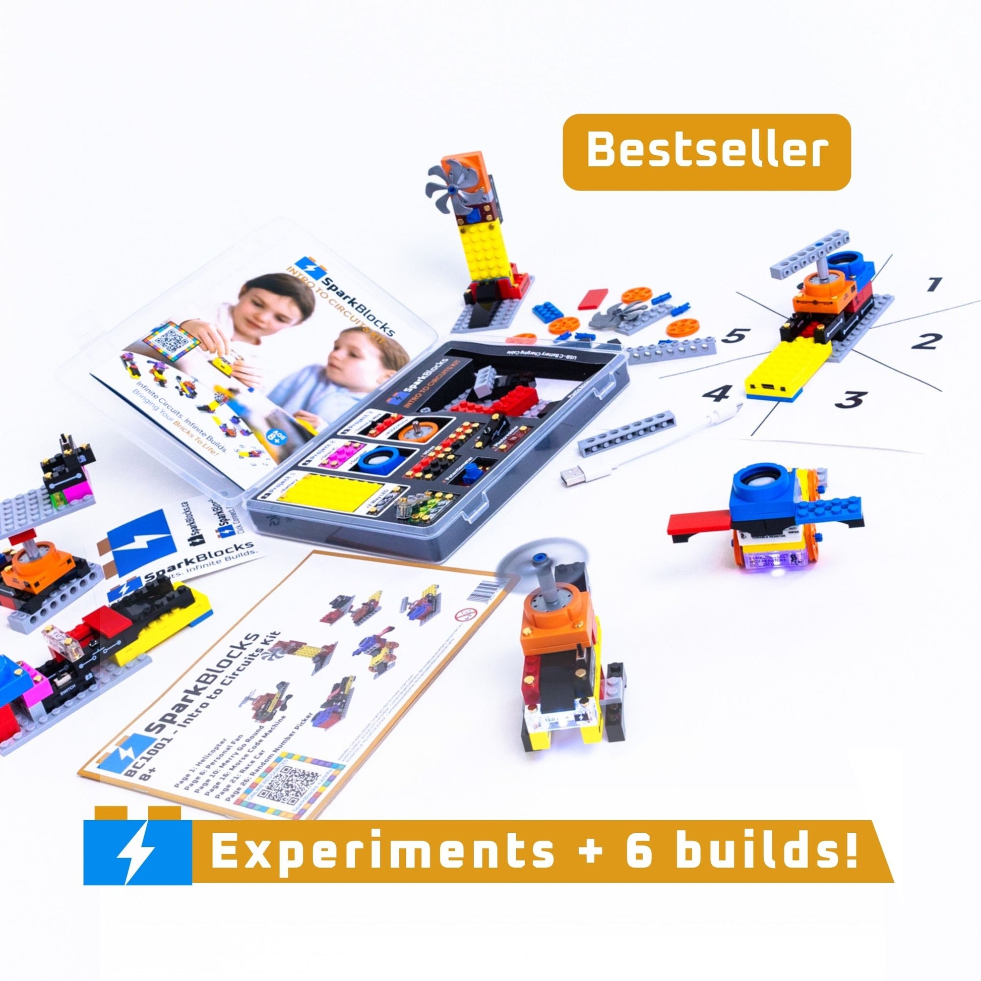 Children's circuit experiment kit with building blocks and instructions on a white background