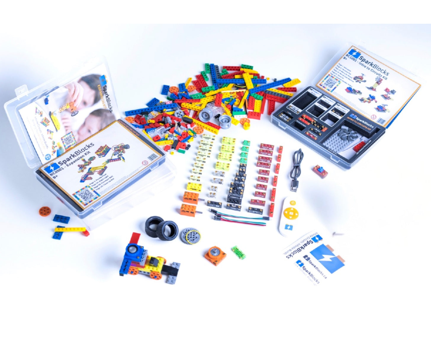 Sparkblocks Advance Set with colorful building blocks and components on a white background