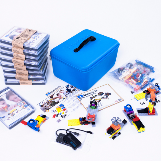 A smart classroom kit collection featuring a classroom circuit kit, instructional cards, and electronic building blocks for screen-free learning.