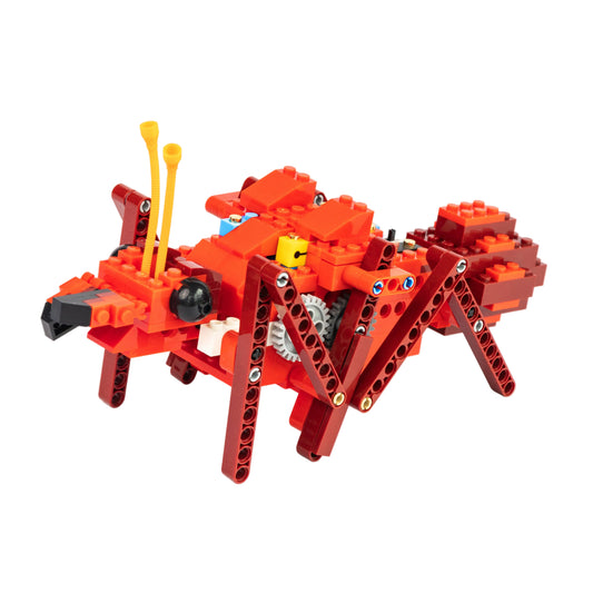A motorized 6-legged walking ant model built with a hands on STEM kit, featuring a circuit building toy system for screen free educational toy learning.