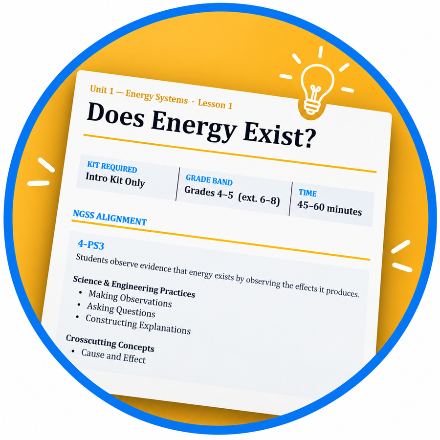 A SparkBlocks curriculum lesson page, Does Energy Exist, showing the kit required, grade band, lesson time and NGSS alignment