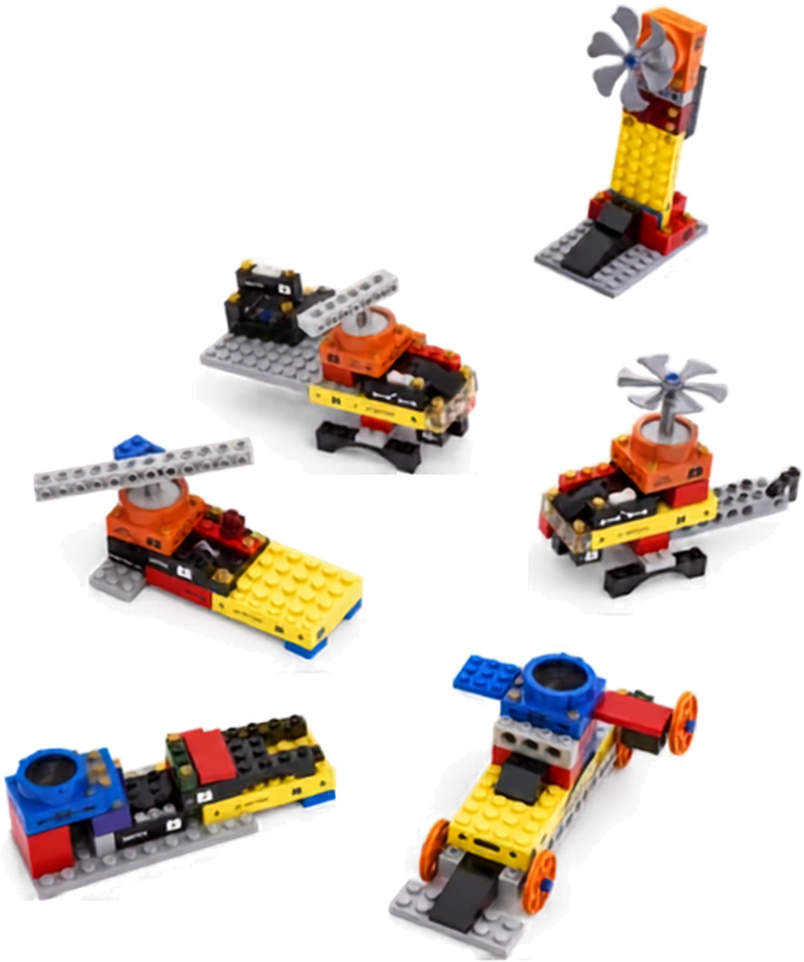 Six finished SparkBlocks builds including fan towers, a helicopter and wheeled vehicles