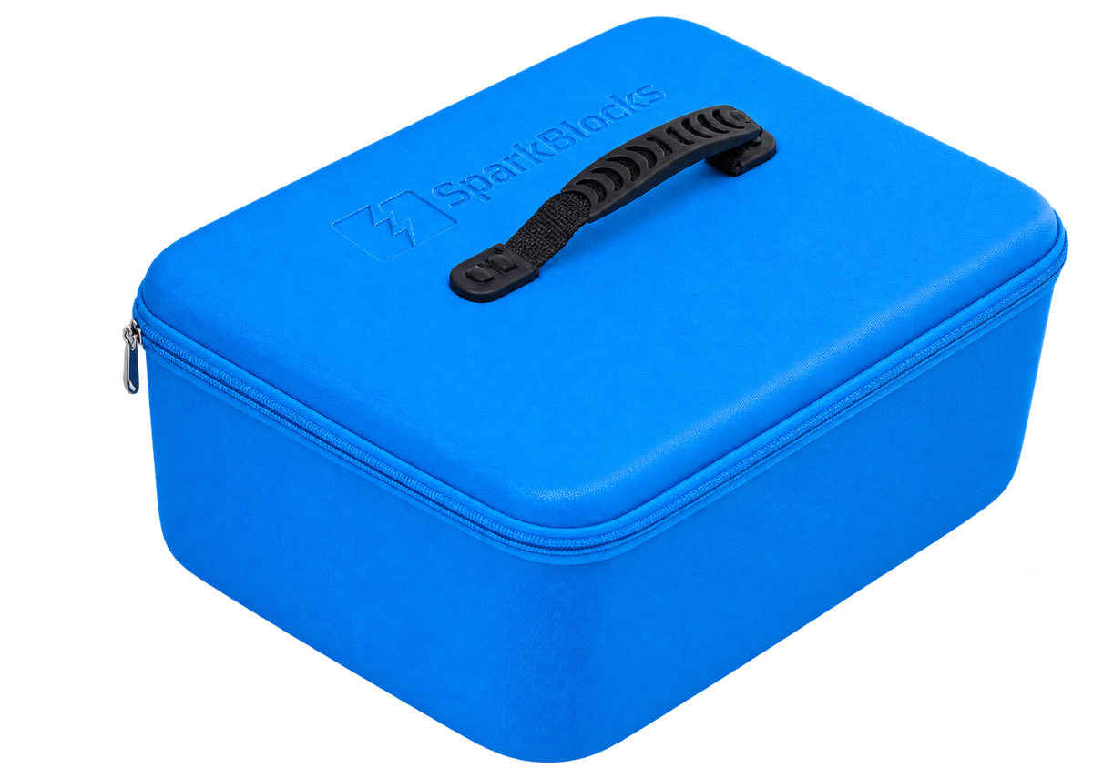 The blue SparkBlocks carrying case, closed, with its moulded logo and carry handle