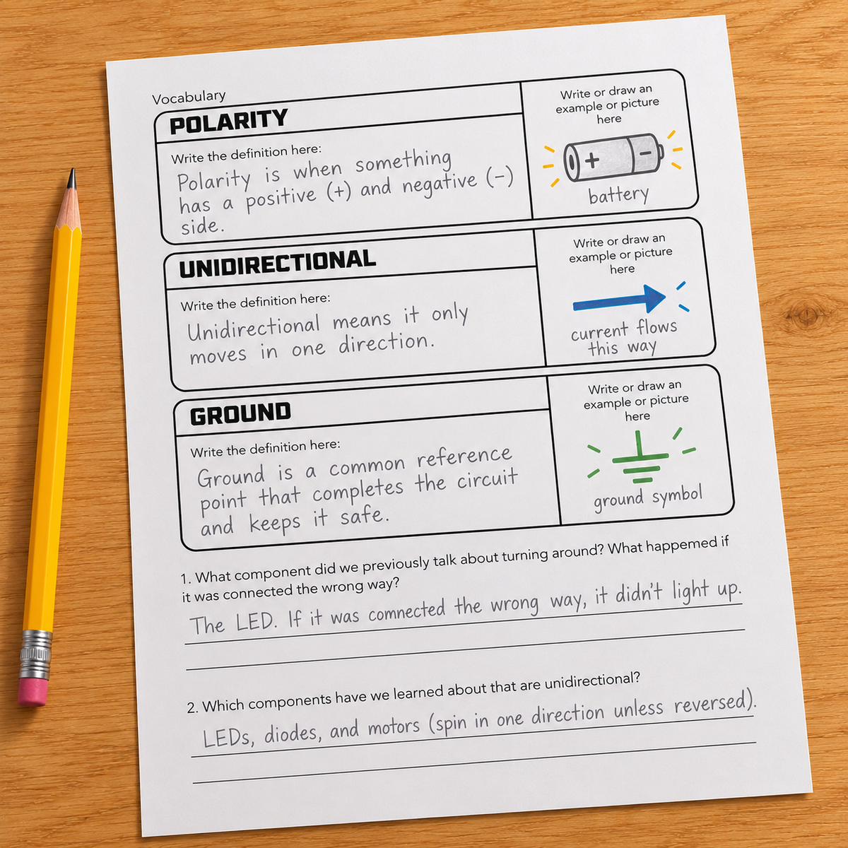 A filled-in SparkBlocks student logbook page on a desk beside a pencil