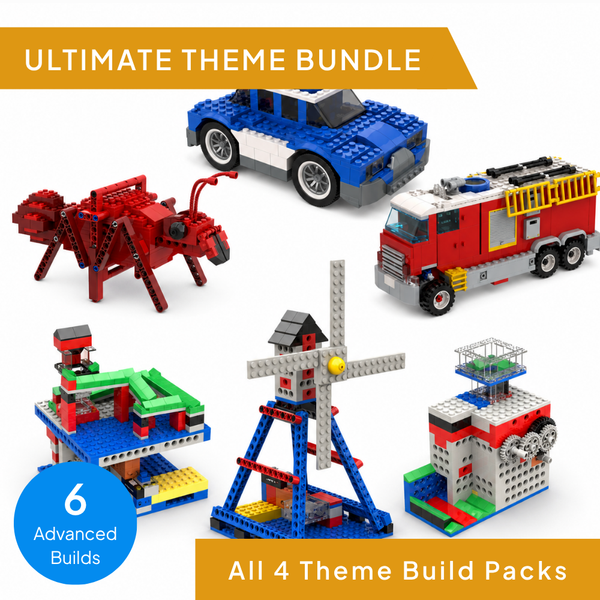 A collage of four toy building-block sets arranged on a white background with promotional text. The sets include a blue and white car, a red fire truck, a red spider-like vehicle, and several advanced structures including a windmill and a tower.