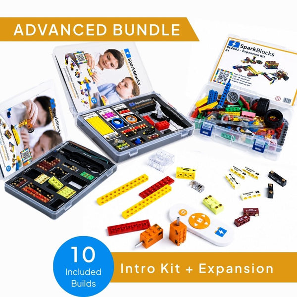 SparkBlocks Advanced Bundle toy building kit shown open with multiple plastic storage cases, assorted colorful building blocks, and control pieces on a white background. Promotional text reads 'ADVANCED BUNDLE' and 'Intro Kit + Expansion' with a blue circle noting '10 Included Builds'.