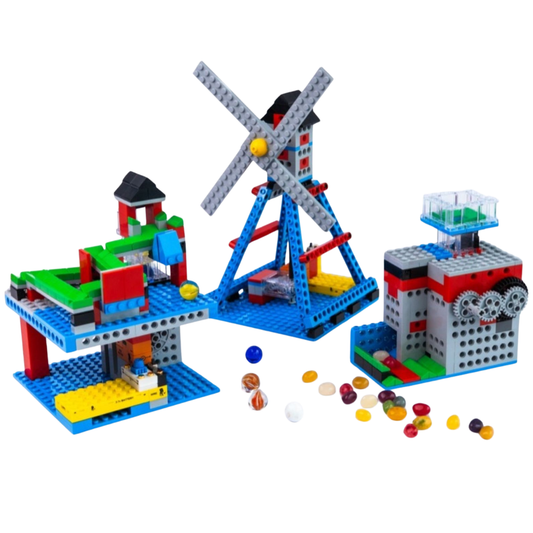 A motorized 3-in-1 Mighty Machines Kit featuring a windmill and colorful structures, serving as a screen-free STEM toy for hands-on learning.