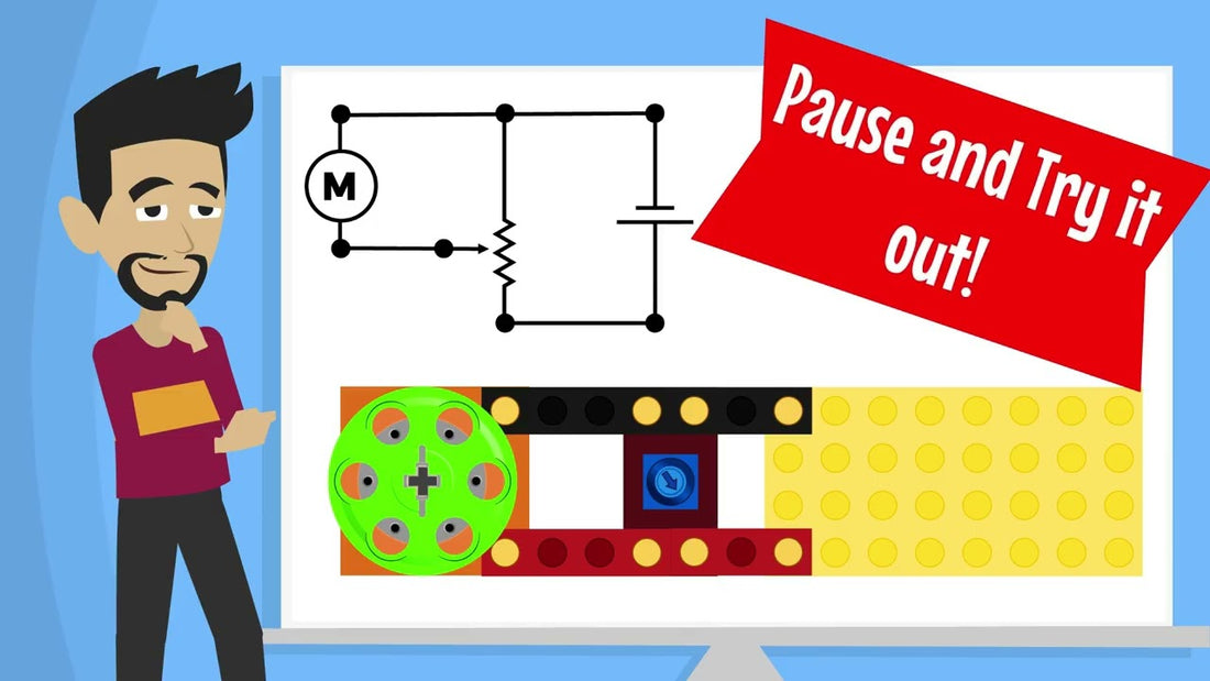 Instructor demonstrating how adjustable resistance changes circuit behavior, showing a variable control block connected in a simple circuit.